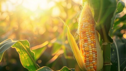 Golden Corn Cob in a Field of Green at Sunset