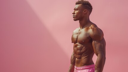 Muscular man standing confidently against a pink background during a bright day