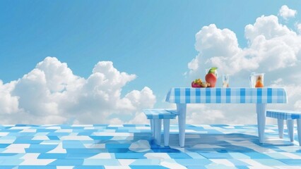 picnic table against blue cloudy sky Landing page with liquid dynamic elements and fluid shapes hd