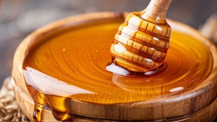 Honey. Healthy organic thick honey that drips from a honey ladle in a wooden bowl. Background for a sweet dessert.