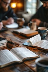 Wall Mural - A small group of friends studying the Bible together at a kitchen table, notebooks and coffee cups around, fellowship, learning, the joy of shared faith in a warm home setting banner with copyspace