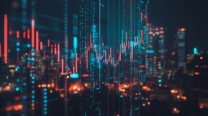 Abstract with pastel colorful charts and graphs with statistics to analyze business potential and forecast future development of companies growth. with city skyline and modern building background