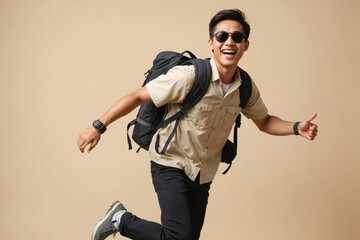 Young Asian tourist backpacker man  wearing dark sunglasses smiling and jumping isolated on beige background