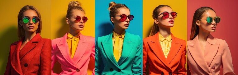 Sticker - Spring fashion show: colorful outfits and sunglasses on vibrant backdrops