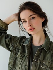 Canvas Print - Young woman showcasing spring fashion with casual attire indoors