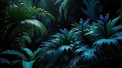 Tropical serenity blue hued foliage against a cosmic backdrop. Generative Ai.