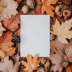 Canvas Print - Blank card surrounded by colorful autumn leaves on the ground in a forest setting