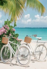 Canvas Print - White bicycles with baskets parked on sandy beach under palm trees in tropical setting