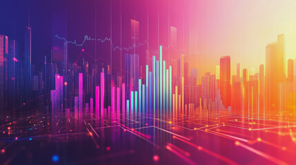 Abstract with pastel colorful charts and graphs with statistics to analyze business potential and forecast future development of companies growth. with city skyline and modern building background