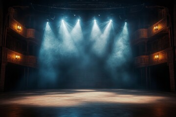 Empty concert stage with illuminated spotlights and smoke. Stage background with copy space