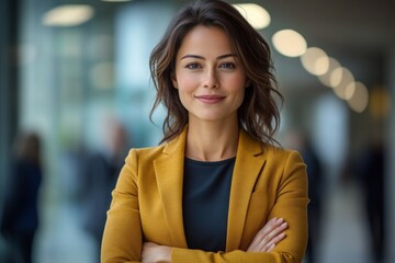 Portrait of successful business woman inside office, standing with arms crossed