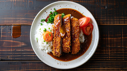 Poster - Crispy pork cutlets with savory curry sauce, fluffy white rice, sliced tomatoes, and chopped green onions on a plate