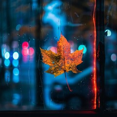 autumn leaf on glass with rain against the background of city lights.