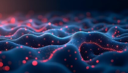 Wall Mural - Glowing blue and red particles flowing in a wavy, abstract pattern against a dark background