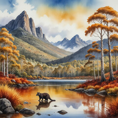 Wall Mural - Watercolor illustration of the Tasmanian Wilderness in Australia during the autumn season. The scene should showcase the lush