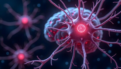 Wall Mural - A close-up view of a neuron with its intricate network of dendrites and axons, glowing in shades of pink and blue against a dark background