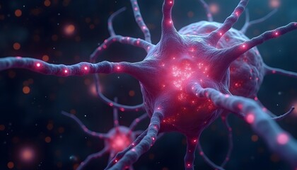 Wall Mural - a close-up view of a neuron with its intricate network of dendrites and axons, glowing in shades of 