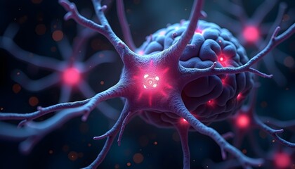 Wall Mural - a close-up view of a neuron with its axon and dendrites, glowing with a bright red center and surrou