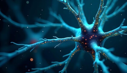 Wall Mural - glowing blue and red neural network or neuron cells, with intricate branching structures and sparks 