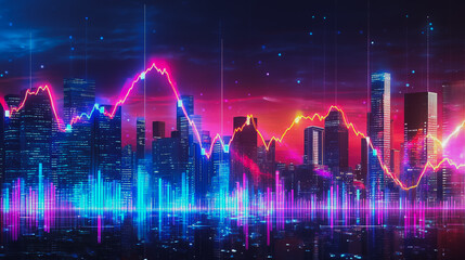 Abstract with pastel colorful charts and graphs with statistics to analyze business potential and forecast future development of companies growth. with city skyline and modern building background