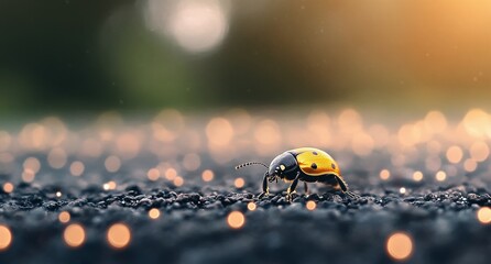 A colorful beetle crawls along the shimmering ground in soft evening light