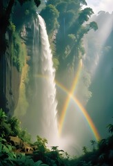 Wall Mural - A majestic waterfall cascading down a cliff in a dense jungle, with mist rising and sunlight filtering through the canopy