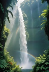 Wall Mural - A majestic waterfall cascading down a cliff in a dense jungle, with mist rising and sunlight filtering through the canopy