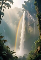 Wall Mural - A majestic waterfall cascading down a cliff in a dense jungle, with mist rising and sunlight filtering through the canopy