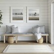 © olegganko - Modern beach house interior with benches, cushions, and coastal wall art