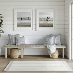 Modern beach house interior with benches, cushions, and coastal wall art