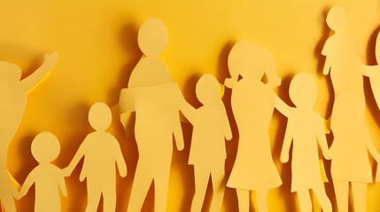 Paper cutouts of people standing together on a yellow background.