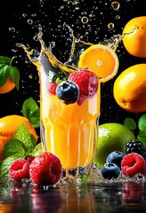 Wall Mural - vibrant fruit juice explosion fresh background splashes colorful citrus berries enhancing refreshing visual appeal, liquid, beverage, blend, tropical, healthy