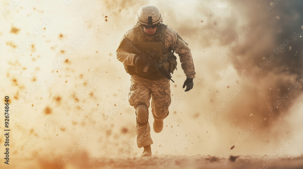 soldier striding away from a huge explosion, emphasizing the stark ...