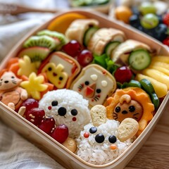 Wall Mural - Close-up photo of a kid-friendly bento box with rice shaped like animals, mini sandwiches, and fruit slices