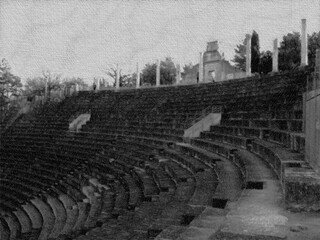 Canvas Print - Roman amphitheater in village in Provence in winter