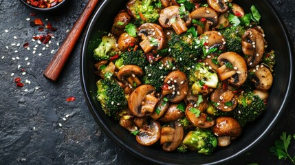 Wall Mural - A pan of a black skillet with mushrooms and broccoli, AI