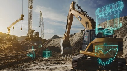 A yellow excavator sits on a construction site with a blue digital interface.