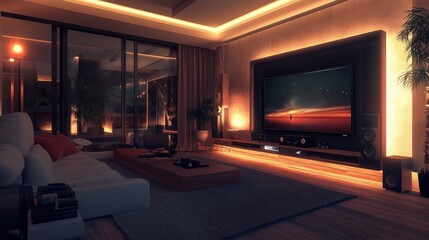 Poster - A living room with a large flat screen tv and couch, AI