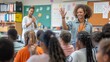 © YURY YUTY - A teacher interacting with students in a lively classroom setting.