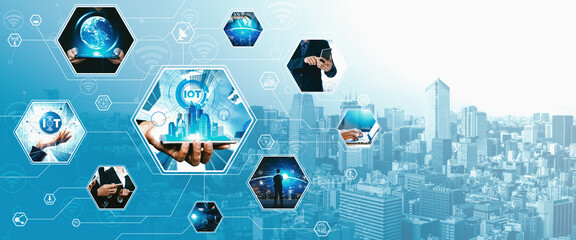 Poster - Communication technology , smart connection IOT and people network technology concept. People using connective device to connect to the secured internet network and cloud computing server vexel