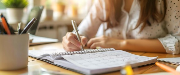 a close-up of a woman's hand writing on a calendar.