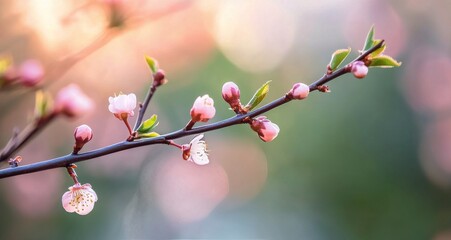 Poster - Fresh spring buds on a green branch with soft bokeh background