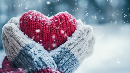 Poster - A person in mittens holding a heart shaped knitted item, AI