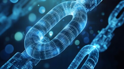 Abstract digital chain made of glowing blue data.
