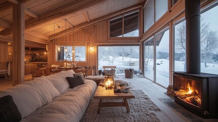 Wall Mural - A living room with a fireplace and large windows overlooking the snow, AI