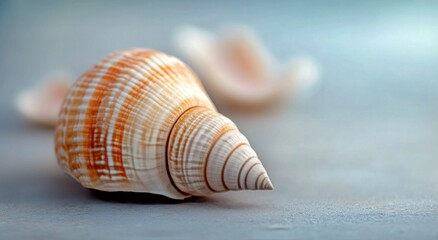 Wall Mural - A close-up of a beautifully patterned shell resting on a smooth surface with floral background