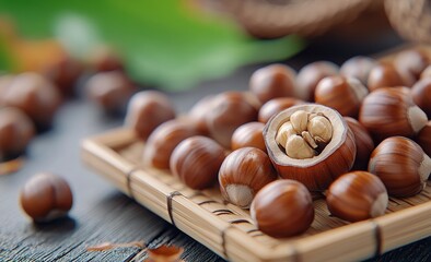 Canvas Print - Fresh hazelnuts in a woven basket surrounded by autumn leaves in a sunlit garden