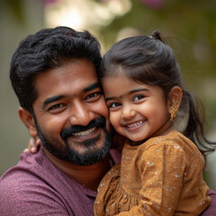 Sticker - Happy loving young Indian dad and pretty preschool daughter kid looking away with toothy smiles, posing for home portrait. Positive father hugging cute child, enjoying fatherhood 