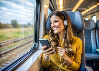 Young happy woman uses cell phone and listens music over earbuds while traveling by train.