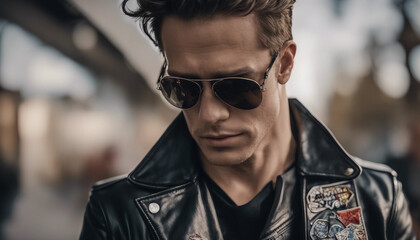 Wall Mural - A musicians torso in a black leather jacket, zipped halfway, with dark, aviator sunglasses